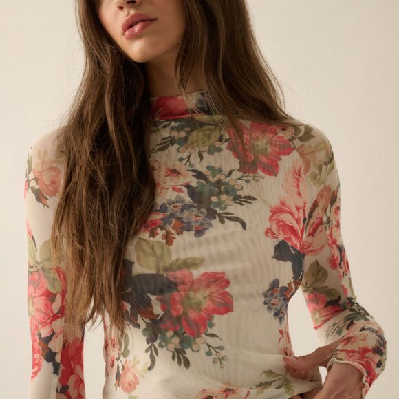 Suzanne Floral-Print Mesh Mock-Neck Thumbhole Top | Womens Fall and Winter Shirt - Picture 7 of 9